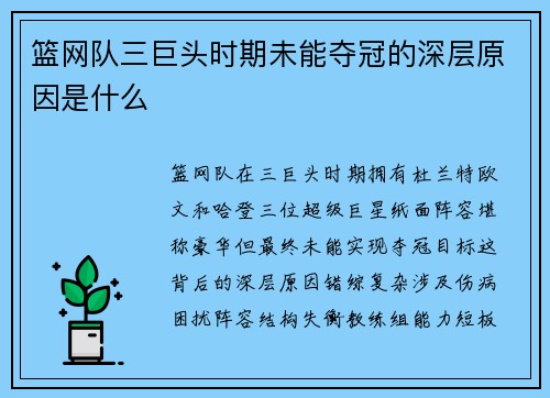 篮网队三巨头时期未能夺冠的深层原因是什么